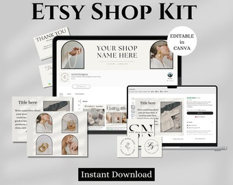 May include: An Etsy Shop Kit graphic with the text "ETSY SHOP KIT" at the top. The image includes mockups of a shop banner, listing templates, logo designs, and thank you cards. The words "Instant Download" are at the bottom.