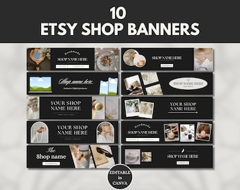 Puede incluir: Diez banners de tienda Etsy editables con fondos negros y varias imágenes, incluyendo joyas, velas y café. El texto "SHOP NAME HERE" aparece en cada banner.