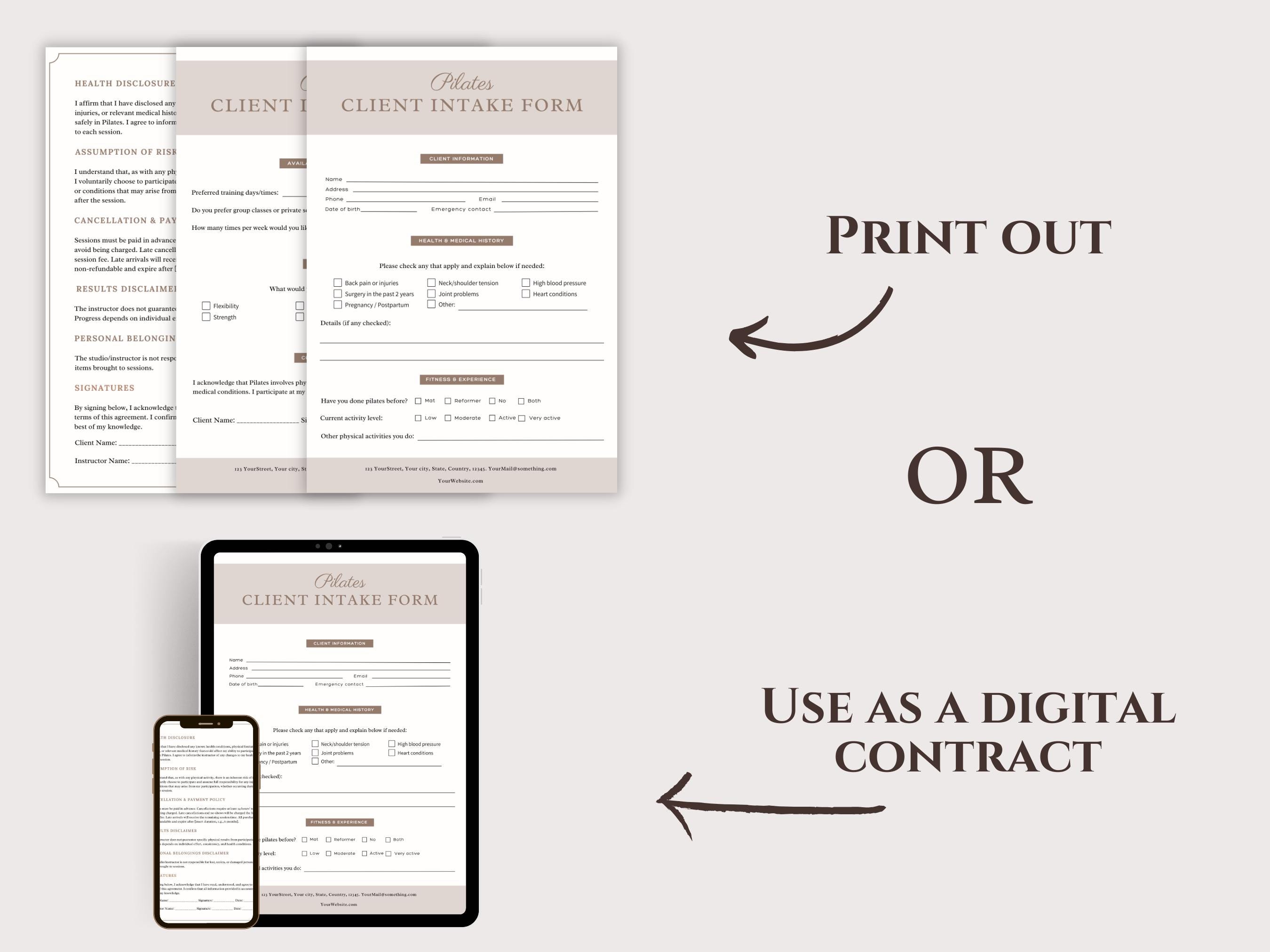 Pilates Client Intake Form Template for Pilates Instructors, Pilates