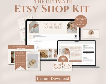 May include: A digital product kit for Etsy shops, featuring a variety of templates and graphics in a neutral colour palette. The kit includes a shop banner, product listings, social media graphics, and a logo. The text "The Ultimate Etsy Shop Kit" is displayed in a large font at the top of the image. The text "Editable in Canva" is also displayed in the image.