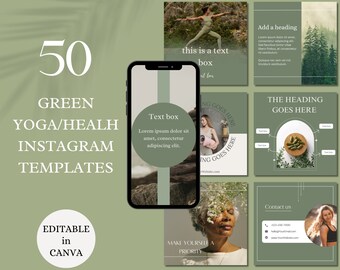 Green Instagram Templates for Yoga Teacher, Wellness Coach, Holistic Health Coach Modern Social Media, Mindfullness, Wellness Template Canva