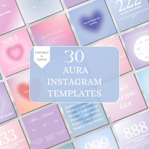 May include: Thirty Instagram templates for aura readings, featuring pastel pink, blue, and purple backgrounds with text overlays. The templates include affirmations, numbers, and symbols related to aura energy.
