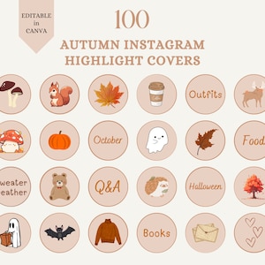 May include: Set of 18 autumn-themed Instagram highlight covers. The covers feature illustrations of pumpkins, leaves, squirrels, ghosts, and other fall icons. The text "October", "Sweater weather", "Q&A", "Books", "Outfits", "Halloween", and "Food" is included on some of the covers.