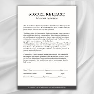 Minimal Model Release Contract Template, Minor Model Release Form Editable Contract Template for Photographers, Photography Contract Canva