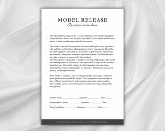 May include: A black and white model release form with the title "Model Release" and the text "Business name here". The form includes spaces for the model's name, photographer's name, parent/guardian's name, signatures, and dates.