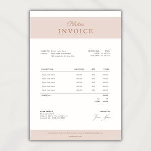 May include: A Pilates invoice template with a soft pink header and footer. The word "Pilates" is in a script font above "INVOICE". The document includes fields for client details, invoice number, date, and itemized costs.