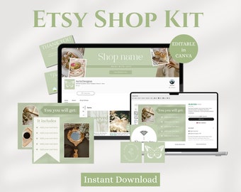 Banner verde para tienda Etsy, kit para vendedores de Etsy, plantillas para diseño de tiendas Etsy, plantillas Canva, lindas plantillas de marca para tiendas Etsy