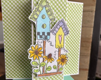 Birdhouse Greeting Card Handmade, Blank Greeting Card, All Occasion Note Card, Custom Stationary, Artistic Greeting Card, A2 Size,