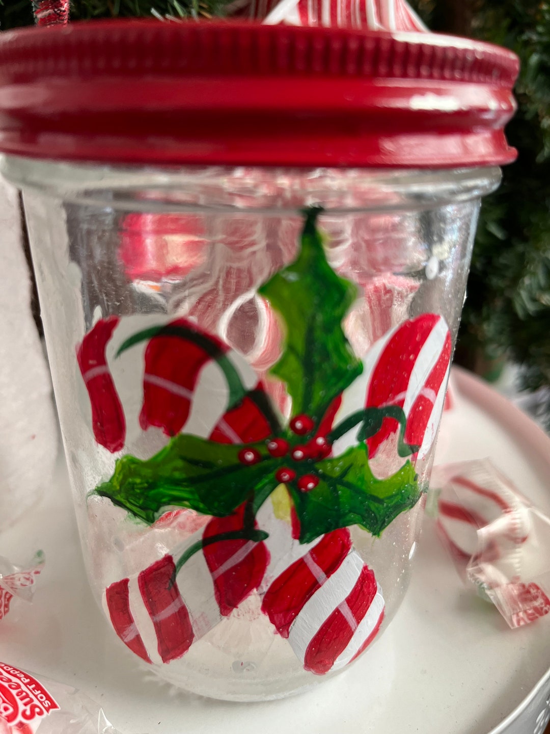Hand Painted Holiday Treat Jar, Tole Painted Jar, Festive Holiday