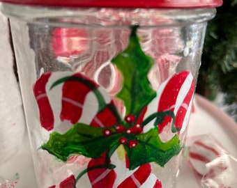Hand Painted Holiday Treat Jar, Tole Painted Jar, Festive Holiday, Handmade Gift, Sweet Treat Holder, Farmhouse Home Decor, Rustic Storage