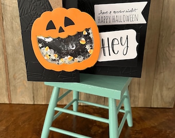 Halloween Handmade Greeting Card, Note Card Halloween, Pumpkin Shaker Card, Halloween Shaker Note Card, Halloween Jack-O-Lantern Greeting