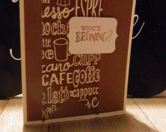 Coffee Themed Card Handmade, What's Brewing Coffee Themed Note Card, Coffee Themed Greeting Card, Blank Inside