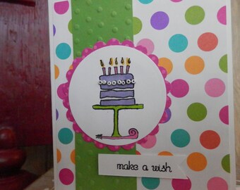 Birthday Card Handmade, Cake Themed Handmade Greeting, Bright and Bold, Make A Wish, Birthday Greeting Card, Birthday Note Card