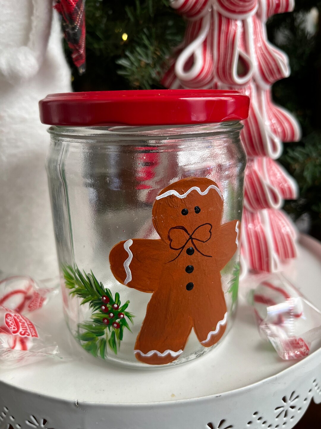 Hand Painted Holiday Treat Jar, Tole Painted Jar, Ginger Bread Man