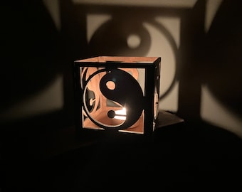 Yin Yang Wooden Tea Light Holder, Sacred Geometry Shadow Lantern