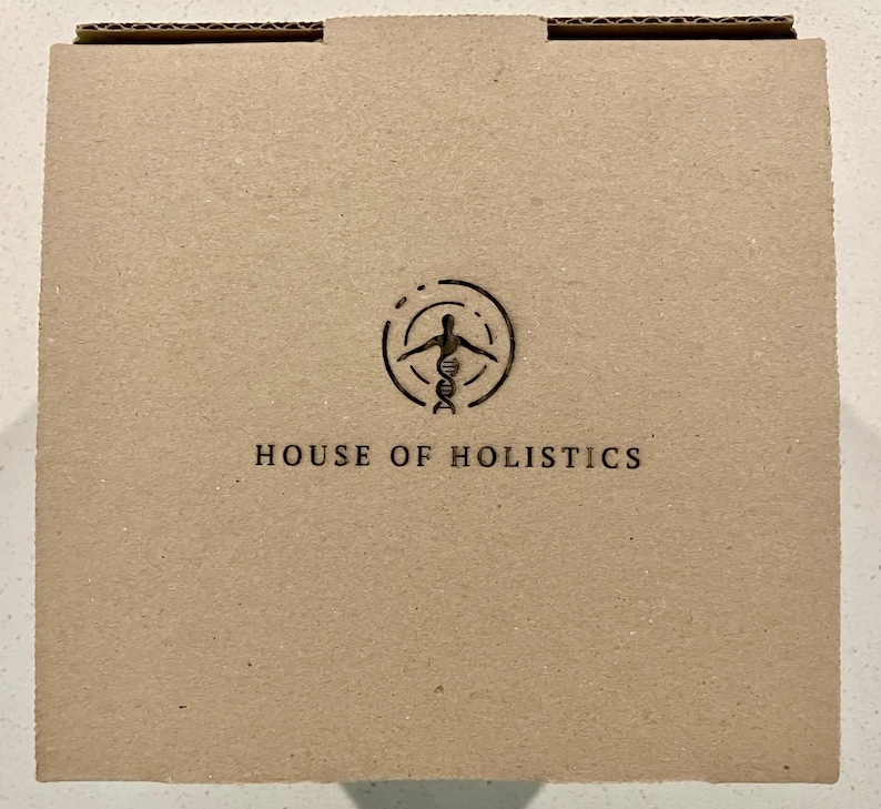 May include: A brown cardboard box with a logo that says "HOUSE OF HOLISTICS". The logo features a stylized human figure with a DNA strand.
