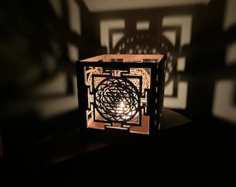 Sri Yantra Tea Light Holder Box, Sacred Geometry Shadow Lantern