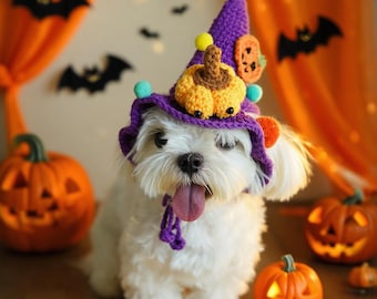 Sombrero de bruja de crochet para mascotas: disfraz de Halloween hecho a mano para gato y perro, sombrero de crochet espeluznante para mascota, atuendo festivo para mascota, bonito accesorio para fotos de fiesta.