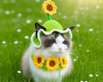 Housoutil Sonnenblumen-Hut Für Haustiere – Verstellbar, Weich, Für Katzen & Kleine Hunde | Lustiges Kostüm-Accessoire