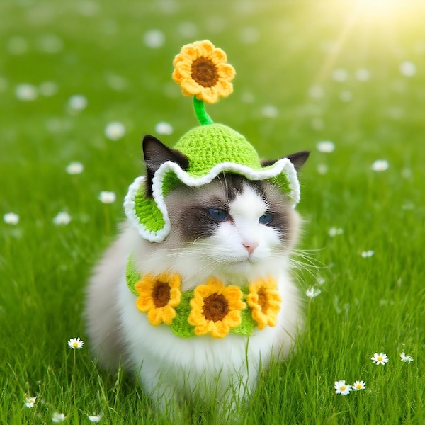 Handgemaakte zonnebloem kostuumset voor huisdieren – gehaakte muts en kraag, outfit hond kat, verjaardag, zomer, fotoshoot, vakantiecadeau