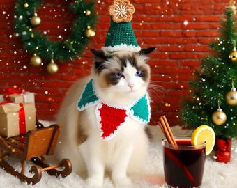 Handmade Crochet Christmas Hat & Collar Set for Pets – Festive Holiday Outfit, Dog and Cat Accessories, Cozy Handmade Pet Clothing Gift