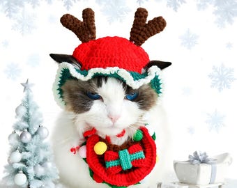 Handmade Crochet Reindeer Hat & Collar for Pets – Christmas Dog Cat Outfit, Holiday Costume, Festive Pet Gift