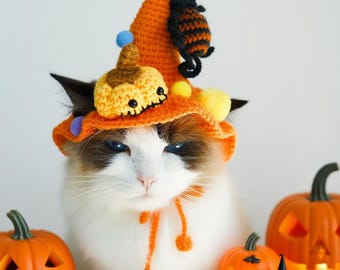 Sombrero de bruja de ganchillo con calabaza y araña para mascotas: disfraz de Halloween hecho a mano para gato y perro, sombrero espeluznante para mascota, accesorio festivo para fotos, idea de regalo