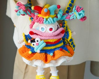 Borsa da clown fatta a mano all'uncinetto con capelli colorati e bocca grande/divertente, borsa stravagante per festival, feste in maschera, regali unici, accessorio giocoso