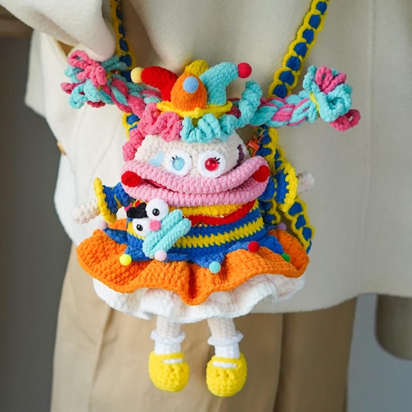 Handmade Crochet Clown Bag with Colorful Hair and Big Mouth|Fun,Whimsical Purse for Festivals,Costume Parties Unique Gifts Playful Accessory