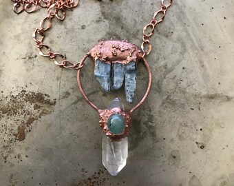 Quartz Crystal and Kyanite Copper Amulet Necklace