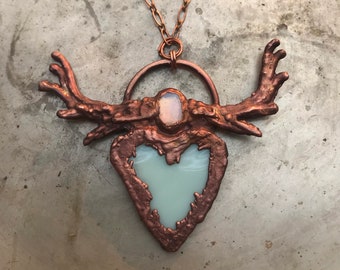 Sing to the Morning Light, Copper Antlered Stained Glass and Opalite Heart Pendant