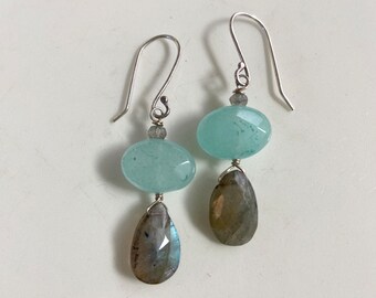 Amazonite Labradorite Gemstone Wire Wrapped Silver Earrings