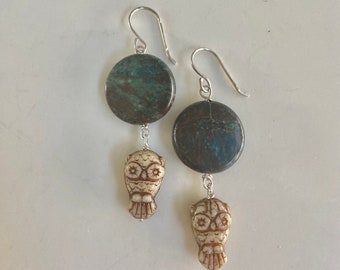 Full Moon Owl Earrings Chrysocolla Gemstone Sterling Silver