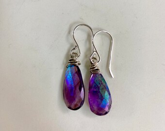 Amethyst Iridescent Gemstone Wire Wrapped Silver Earrings