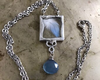 Cornflower Blue Feather and Chalcedony Gemstone Necklace