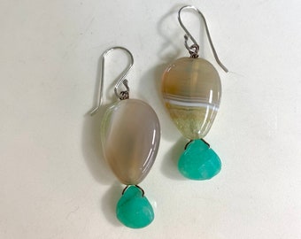 Agate and Amazonite Gemstone Sterling Silver Earrings