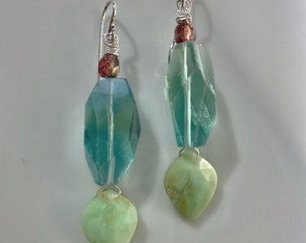 Fluorite and Chrysoprase Leaf Gemstone Sterling Silver Earrings