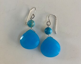 Blue Chalcedony Large Gemstone Wire Wrapped Silver Earrings