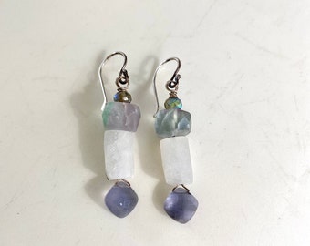 Fluorite Iolite Rainbow Moonstone Sterling Earrings