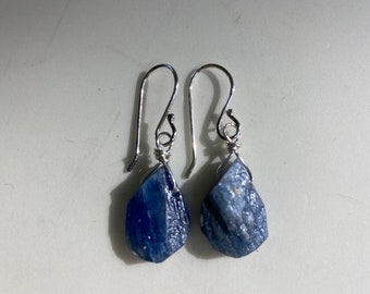 Blue Kyanite Raw Gemstone Wire Wrapped Silver Earrings