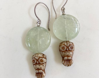 Full Moon Owl Earrings Prehnite Gemstone Sterling Silver