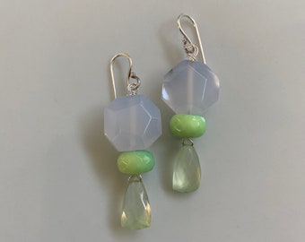 Blue Lace Agate Gemstone Prehnite Petals Sterling Silver Earrings