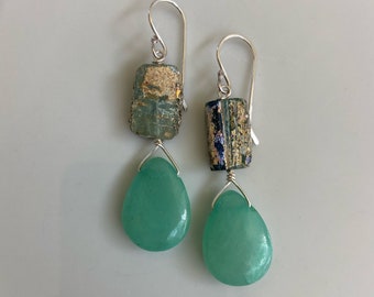 Aqua Blue Ancient Roman Glass Mismatched Earrings