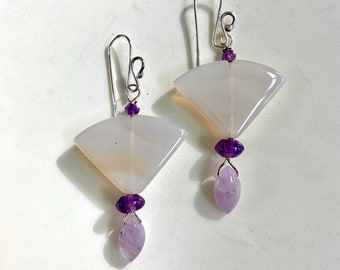 Agate Fan and Amethyst Gemstone Sterling Silver Earrings