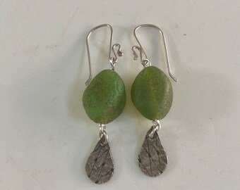 Mermaid and Moss Sterling Silver Earrings Precious Metal Clay Jewelry