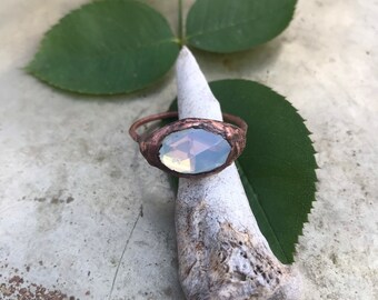 Opalite Faceted Glass Copper Ring size 11 1/2