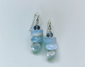 Blue Lace Agate Chalcedony Sterling Silver Earrings