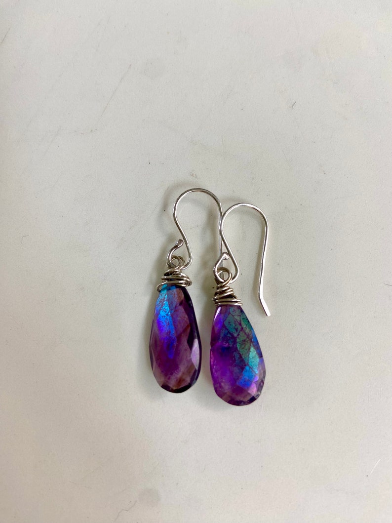 Amethyst Iridescent Gemstone Wire Wrapped Silver Earrings image 1