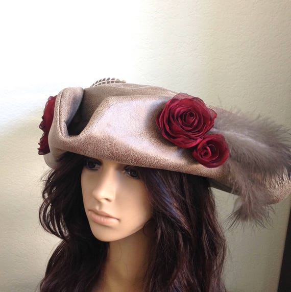 Adult Women/'s Brown Faux Leather Embroidered Feather Cosplay Costume Pirate Hat