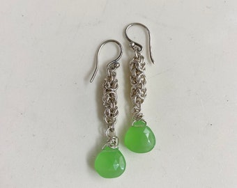 Chainmaille Green Chalcedony Gemstone Sterling Silver Earrings